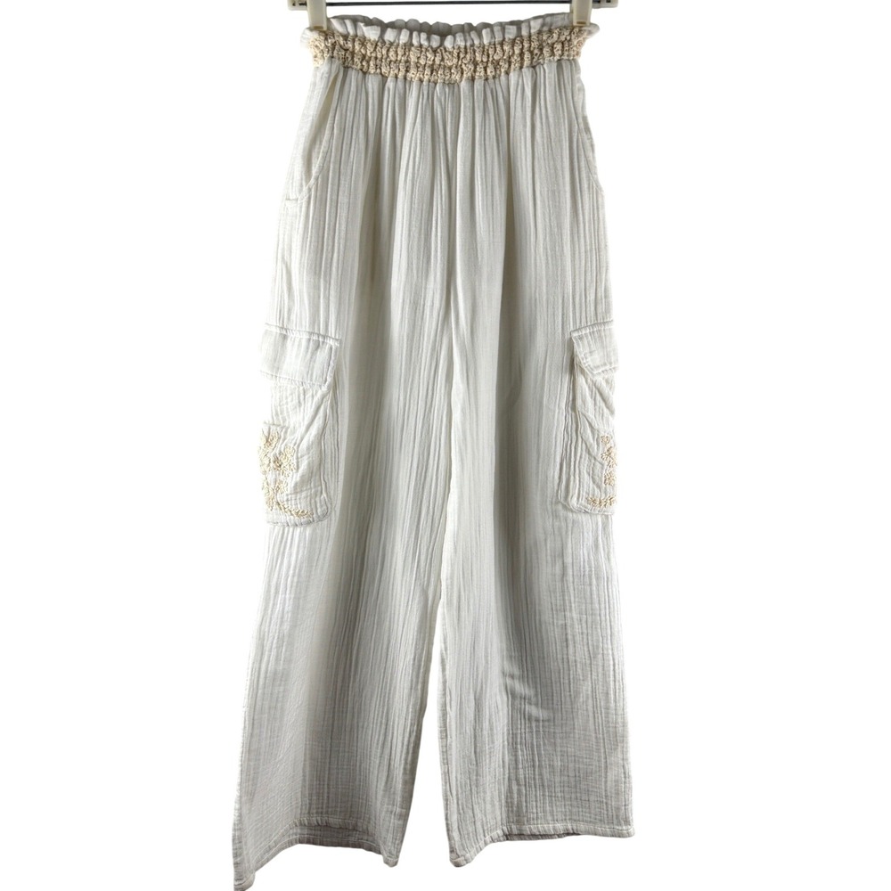 Surf Gypsy White Cotton Gauze Embroidered Gauze Pocket Pants Wide Leg Boho S